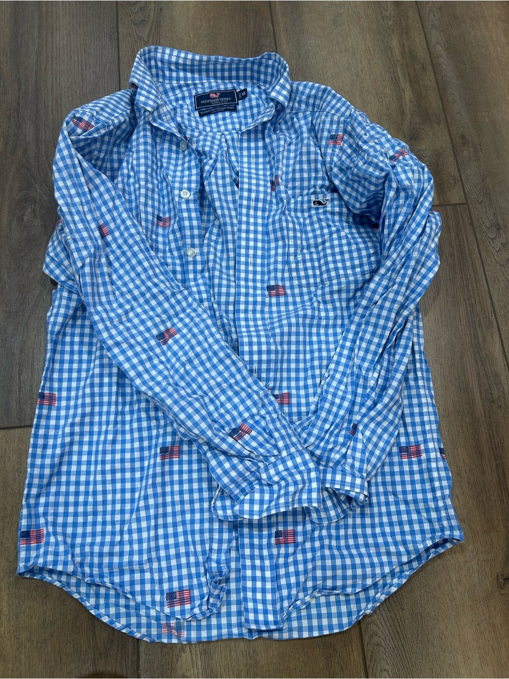 Vineyard Vines Blue and White Gingham Button-Down with Flag Embroidery